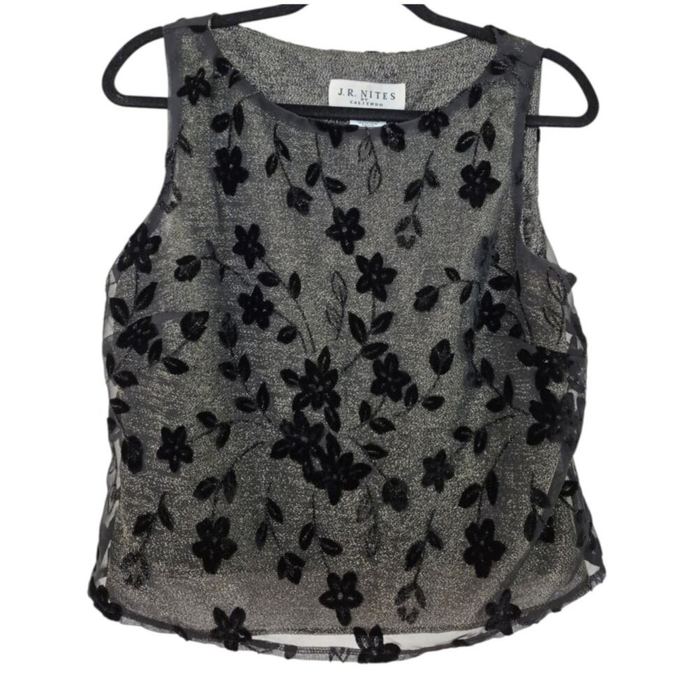Vintage Velvet Burnout Womens Sz M Top Metallic Sheer Silver Black Fairy Grunge